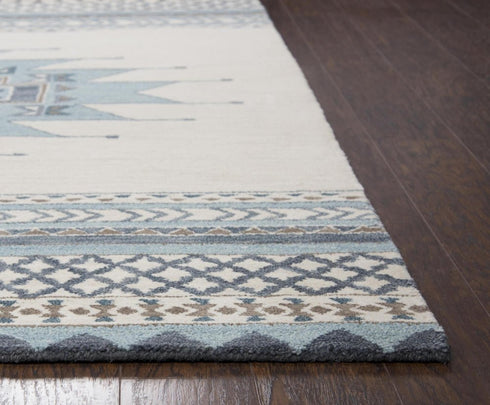5' X 8' Blue And Ivory Wool Tribal Hand Tufted Area Rug