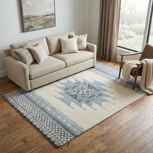 5' X 8' Blue And Ivory Wool Tribal Hand Tufted Area Rug