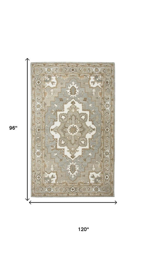 8' X 10' Gray And Natural Wool Medallion Hand Tufted Area Rug