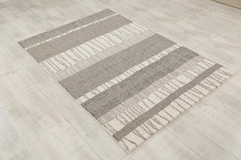 9' X 12' Gray Natural Dark Gray Light Gray And Ivory Wool Striped Hand Tufted Area Rug
