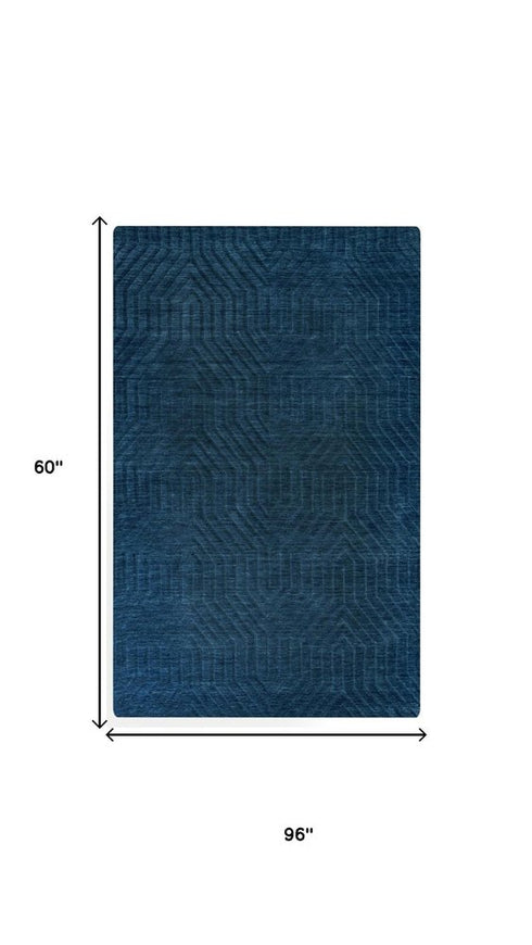 5' X 8' Navy Blue And Blue Wool Geometric Hand Tufted Area Rug