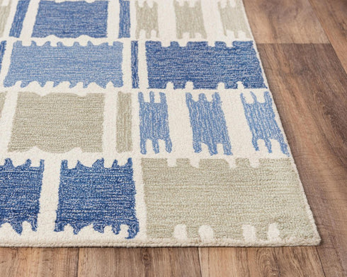 5' X 8' Blue Ivory And Beige Wool Geometric Hand Tufted Area Rug