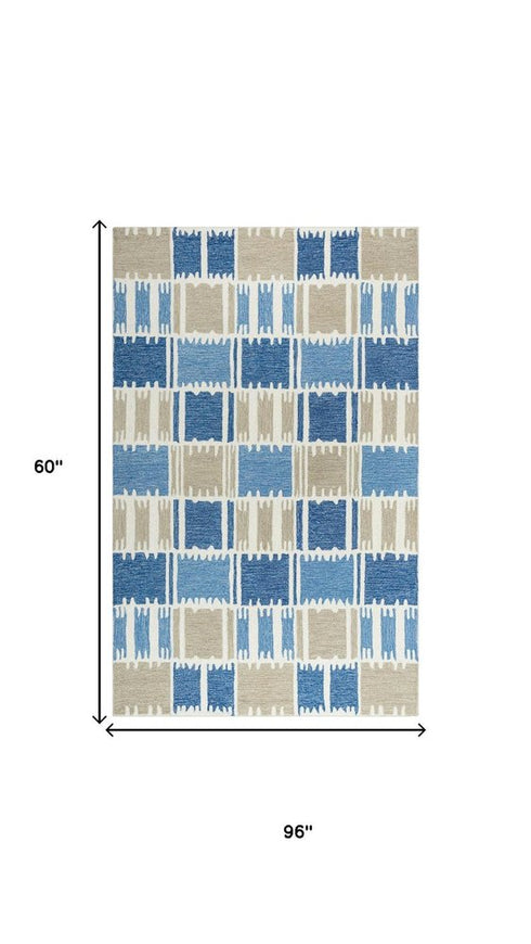 5' X 8' Blue Ivory And Beige Wool Geometric Hand Tufted Area Rug