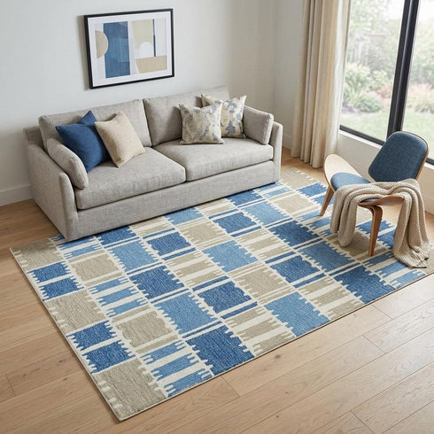 5' X 8' Blue Ivory And Beige Wool Geometric Hand Tufted Area Rug
