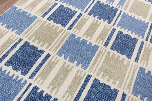 9' X 12' Blue Ivory And Beige Wool Geometric Hand Tufted Area Rug