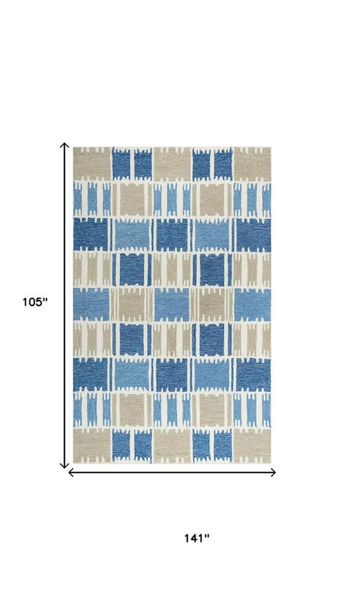 9' X 12' Blue Ivory And Beige Wool Geometric Hand Tufted Area Rug