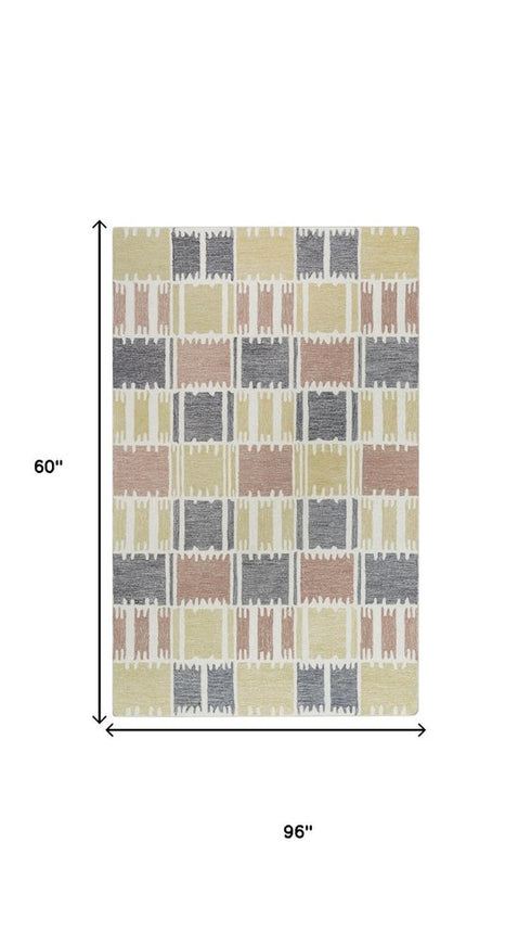 5' X 8' Beige Ivory And Charcoal Wool Geometric Hand Tufted Area Rug