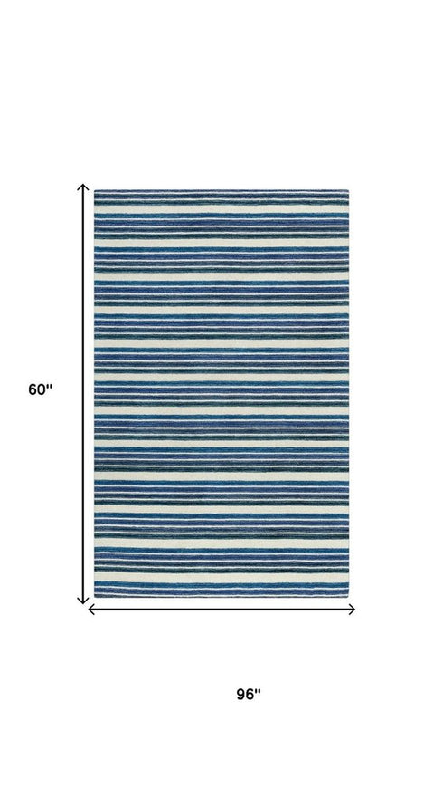 5' X 8' Blue And Ivory Wool Striped Hand Tufted Area Rug