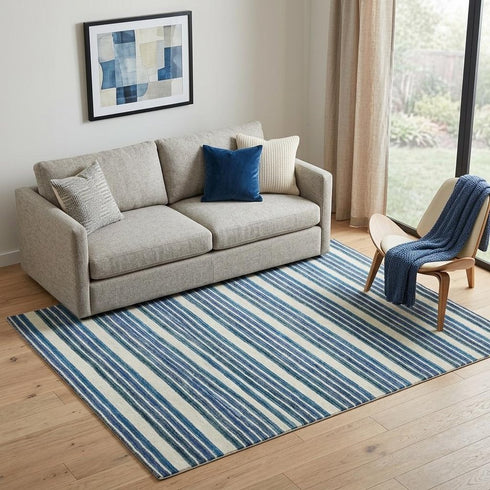 5' X 8' Blue And Ivory Wool Striped Hand Tufted Area Rug