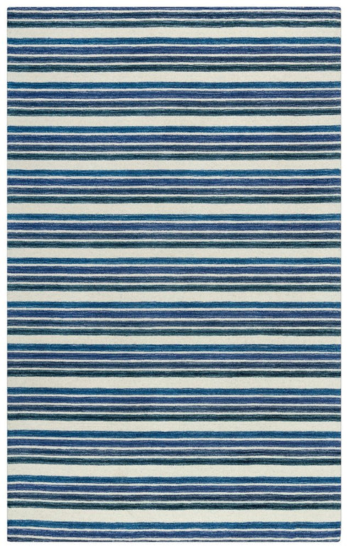 9' X 12' Blue And Ivory Wool Striped Hand Tufted Area Rug