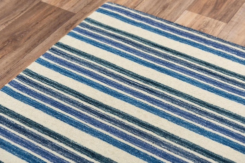 9' X 12' Blue And Ivory Wool Striped Hand Tufted Area Rug