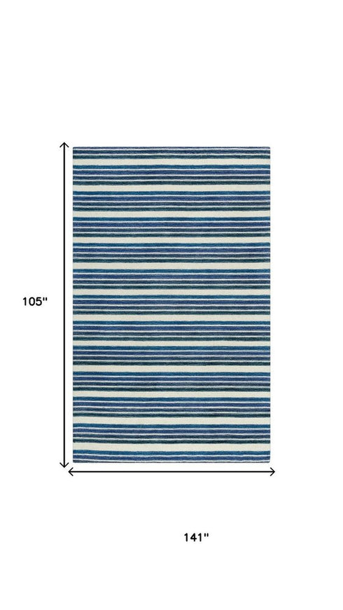9' X 12' Blue And Ivory Wool Striped Hand Tufted Area Rug