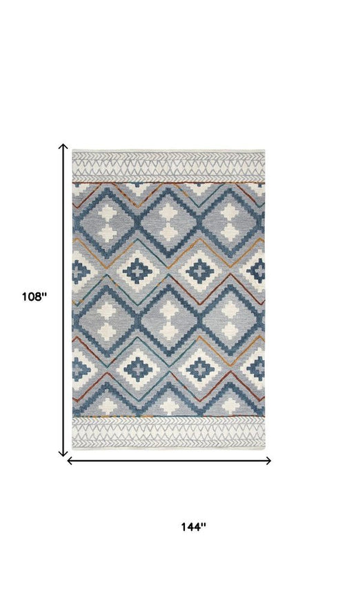 9' X 12' Gray Blue Ivory And Orange Wool Southwestern Hand Tufted Area Rug