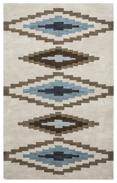 9' X 12' Beige Navy Blue Blue Teal Brown And Light Brown Wool Southwestern Hand Tufted Area Rug