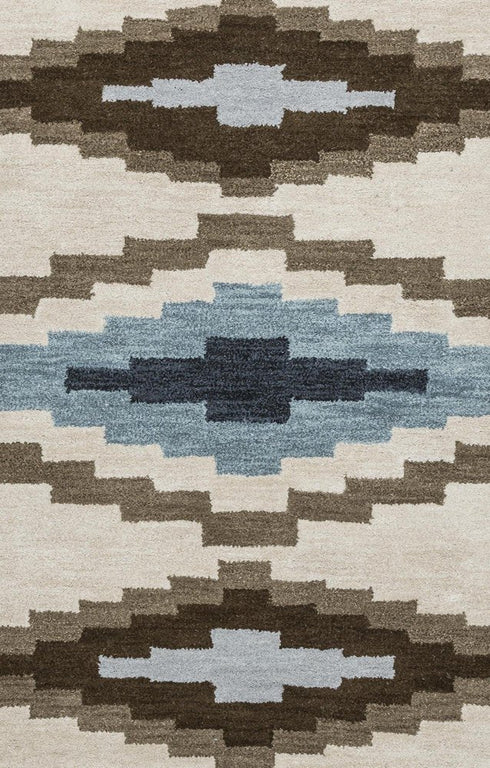 9' X 12' Beige Navy Blue Blue Teal Brown And Light Brown Wool Southwestern Hand Tufted Area Rug