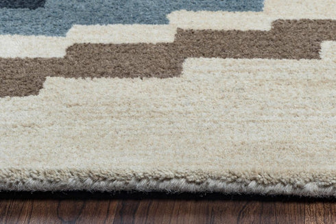 9' X 12' Beige Navy Blue Blue Teal Brown And Light Brown Wool Southwestern Hand Tufted Area Rug