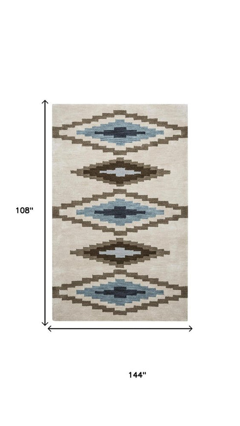 9' X 12' Beige Navy Blue Blue Teal Brown And Light Brown Wool Southwestern Hand Tufted Area Rug