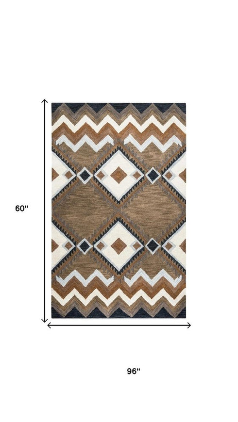 5' X 8' Brown White Taupe And Gray Wool Southwestern Hand Tufted Area Rug