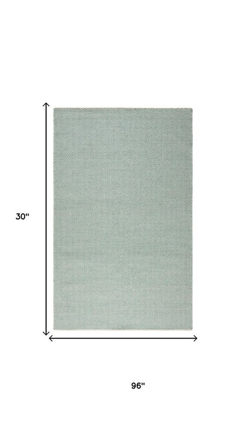 8' Green And Off White Wool Chevron Hand Woven Area Rug