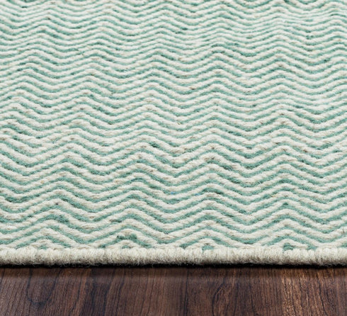 8' X 10' Green And Off White Wool Chevron Hand Woven Area Rug