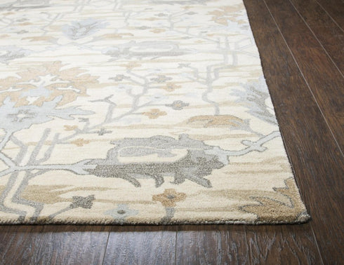 5' X 8' Beige Blue Gray Cream And Light Brown Wool Floral Hand Tufted Area Rug