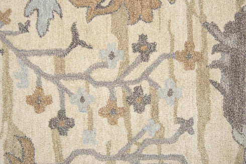 5' X 8' Beige Blue Gray Cream And Light Brown Wool Floral Hand Tufted Area Rug