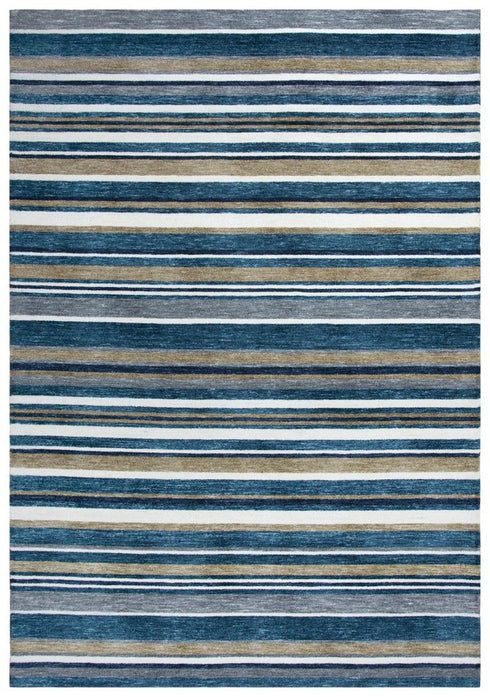 9' X 12' Teal Ivory And Gray Striped Hand Tufted Area Rug