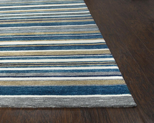 9' X 12' Teal Ivory And Gray Striped Hand Tufted Area Rug