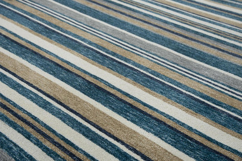 9' X 12' Teal Ivory And Gray Striped Hand Tufted Area Rug