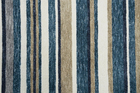 9' X 12' Teal Ivory And Gray Striped Hand Tufted Area Rug