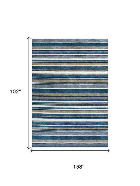 9' X 12' Teal Ivory And Gray Striped Hand Tufted Area Rug