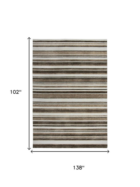 9' X 12' Beige Brown And Ivory Striped Hand Tufted Area Rug