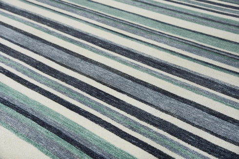 8' X 10' Aqua Gray And Ivory Striped Hand Tufted Area Rug