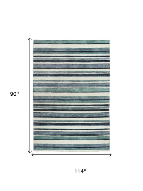 8' X 10' Aqua Gray And Ivory Striped Hand Tufted Area Rug