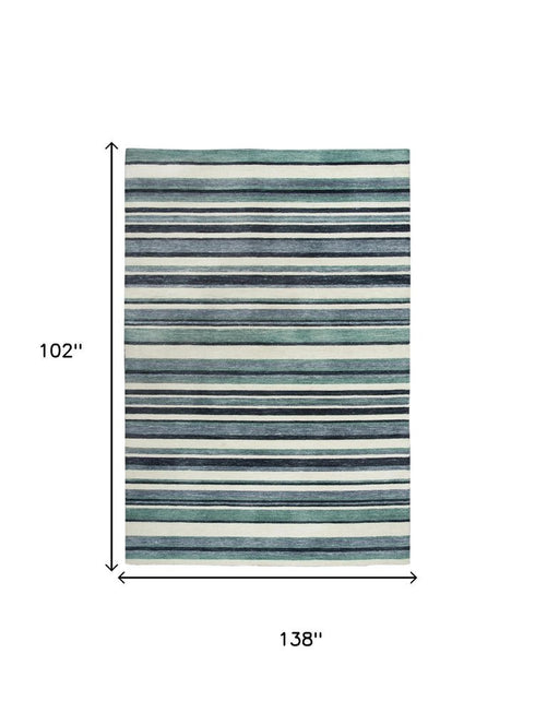 9' X 12' Aqua Gray And Ivory Striped Hand Tufted Area Rug