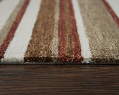9' X 12' Rust Ivory And Beige Striped Hand Tufted Area Rug