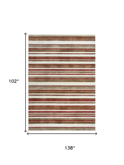9' X 12' Rust Ivory And Beige Striped Hand Tufted Area Rug