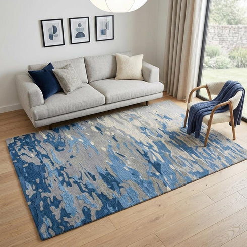 5' X 8' Blue Dark Blue And Gray Wool Abstract Hand Tufted Area Rug