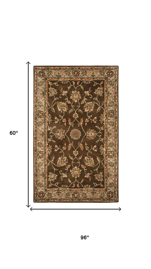 5' X 8' Brown Taupe Sage Blue Rust And Tan Wool Oriental Hand Tufted Area Rug