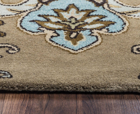 5' X 8' Brown Dark Brown Blue Khaki And Tan Wool Damask Hand Tufted Area Rug