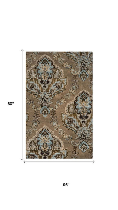 5' X 8' Brown Dark Brown Blue Khaki And Tan Wool Damask Hand Tufted Area Rug