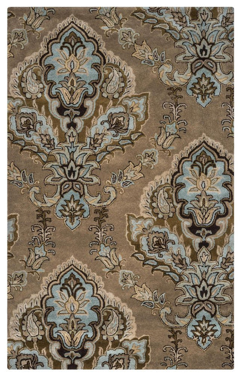 9' X 12' Brown Dark Brown Blue Khaki And Tan Wool Damask Hand Tufted Area Rug