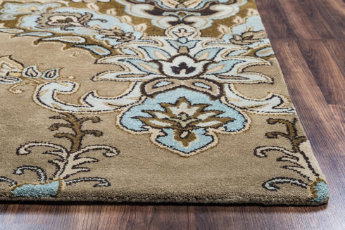 9' X 12' Brown Dark Brown Blue Khaki And Tan Wool Damask Hand Tufted Area Rug