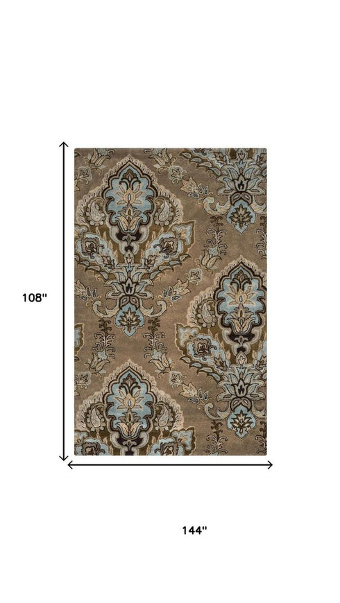 9' X 12' Brown Dark Brown Blue Khaki And Tan Wool Damask Hand Tufted Area Rug