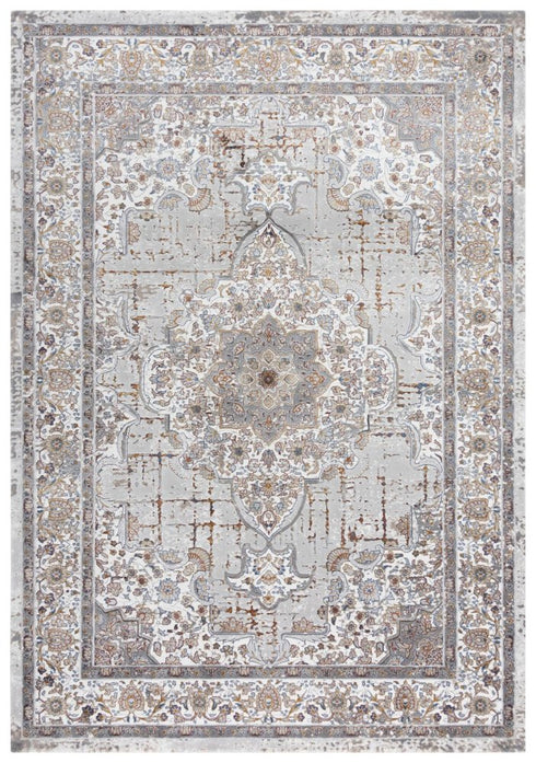 5' X 8' Gray Ivory Red Orange And Blue Medallion Area Rug