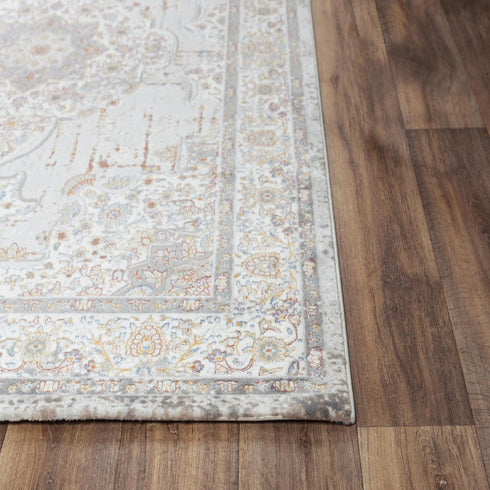 5' X 8' Gray Ivory Red Orange And Blue Medallion Area Rug