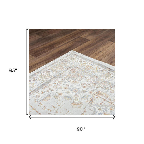 5' X 8' Gray Ivory Red Orange And Blue Medallion Area Rug