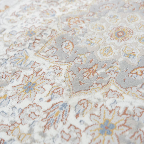 8' X 10' Gray Ivory Red Orange And Blue Medallion Area Rug