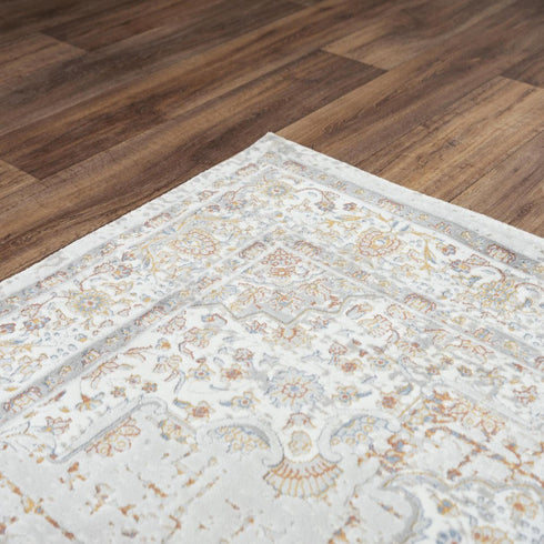 9' X 12' Gray Ivory Red Orange And Blue Medallion Area Rug