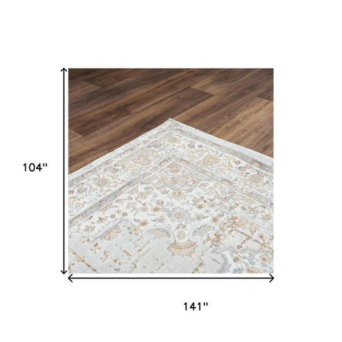 9' X 12' Gray Ivory Red Orange And Blue Medallion Area Rug